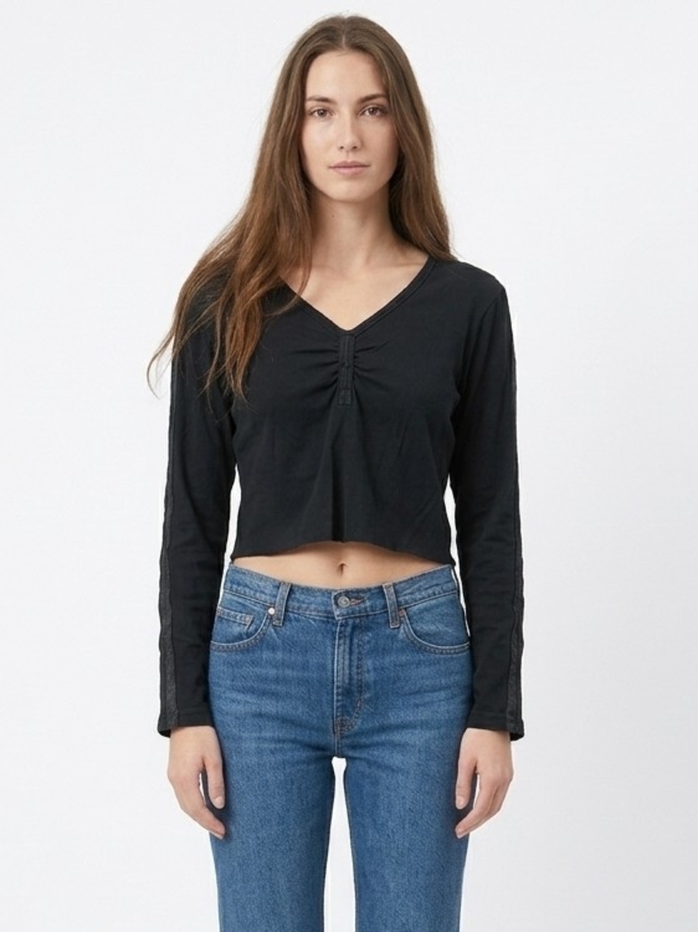 Vintage Harley-Davidson V-Neck Long Sleeve Cropped Top In Black